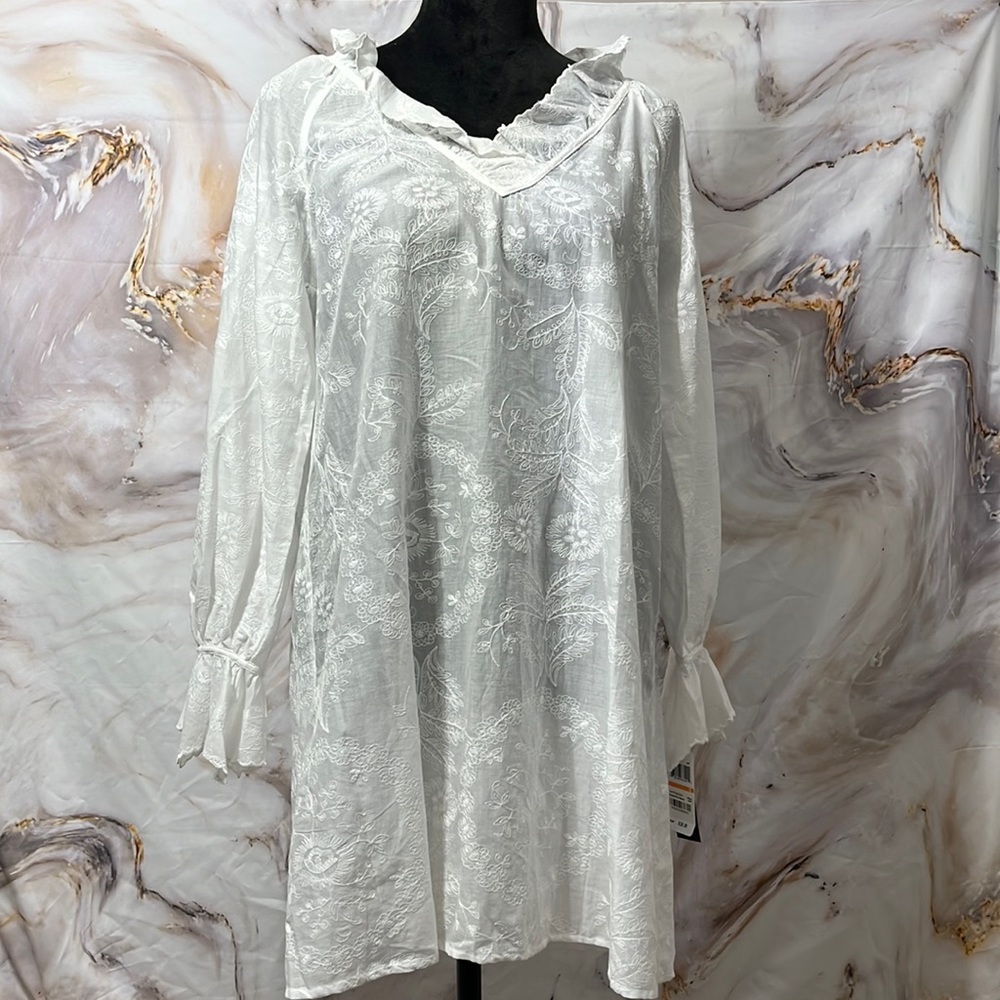 Natori Long Flare Sleeve Sheer Floral White Embroidered Boho Dress Cover Up S - Picture 1 of 14
